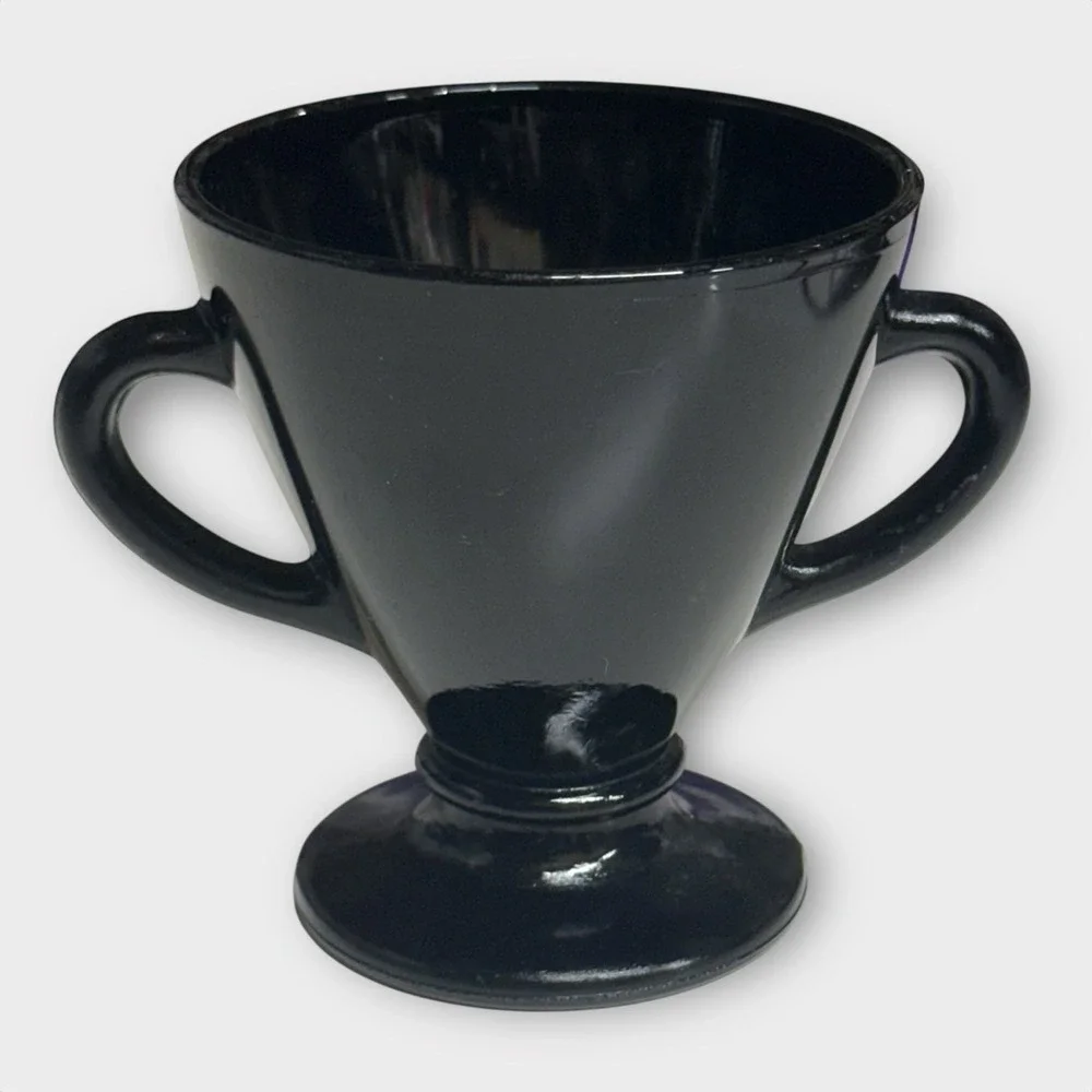 Hazel Atlas Ovide Black Open Sugar Bowl Double Handle Depression Glass 1930-1935